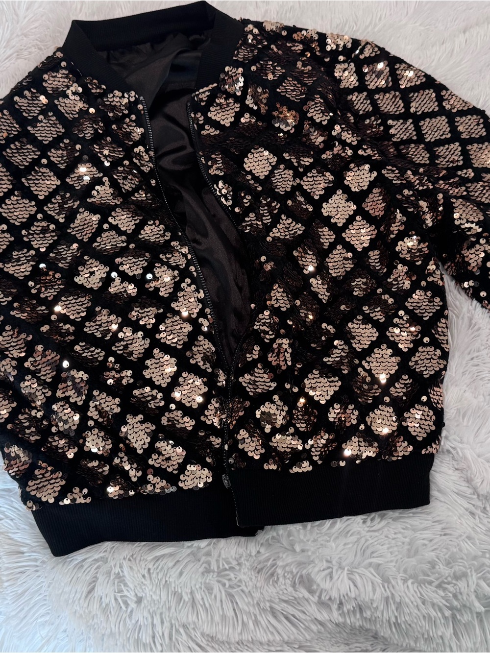Black Sequin Bomber Jacket with Rose Gold Accents